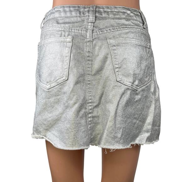 Sunset + Spring Silver Metallic High Waisted Pencil Mini Denim Jean Skirt Size M - Picture 2 of 4